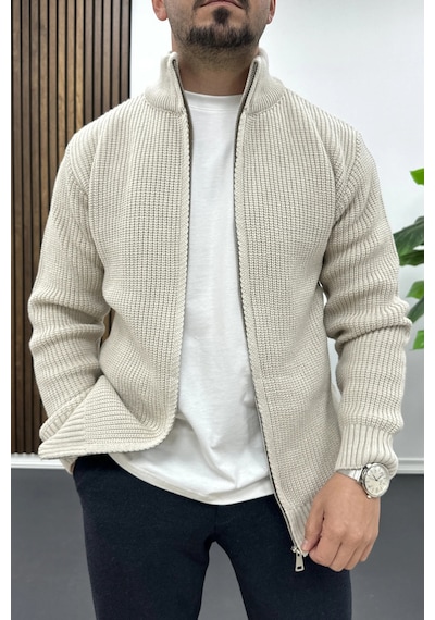 Edwox Erkek Slim Fit Fermuarlı Hırka Vizon Edw434 Vizon