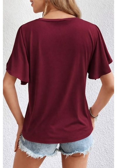 Efnaz Style Kadın Kısa Kollu V Yakalı Viskon Bluz bordo