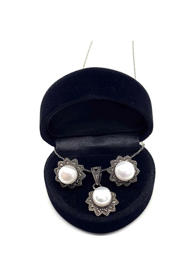 Oya Silver Markazit Işıltılı İnci Açan Gümüş Çiçek Set & Takım