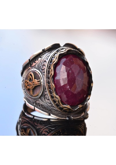 Osmanlı Yüzük, Gümüş Yüzük, Doğal Yakut Taşlı Yüzük, 12.90 Karat, Etnik Tasarım Gümüş