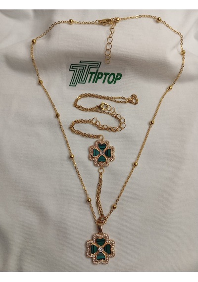 Tiptop/ Yeşil Mineli Yonca Model Gold Renk Kolye Ve Şahmeran Set Gold