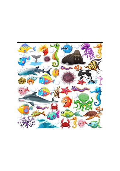 Ocean World Deniz Canlıları Duvar Çıkartması, 40 Parça Özel Kesim, Süper Yapışkanlı, 100 100 Cm Tam Boy,
