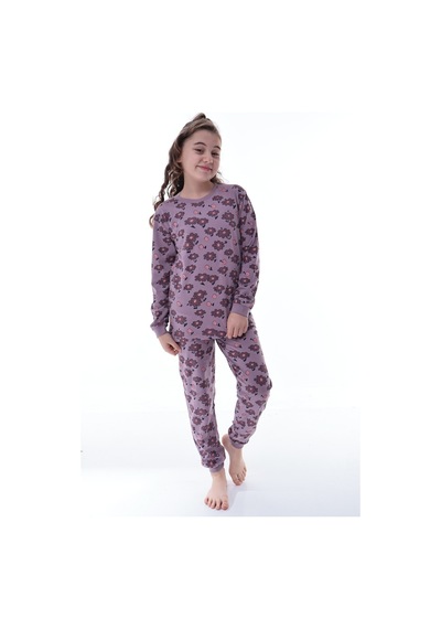 Kız Çocuk Çiçek Desenli Pamuklu Pijama Takımı 8-13 Yaş Rahat Uyku Takımı Mor