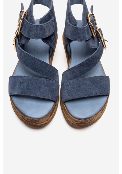 Luvishoes Lorentıs Kot Mavi Süet Hakiki Deri Çift Tokalı Kadın Sandalet