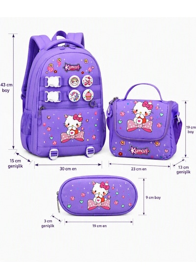 Hello Kitty Baskılı Özel Tasarım Ortopedik Su Geçirmez Cüzdanlı Okul Çantası Termal Beslenme Ve Kalemlik Seti Mor