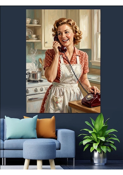 Mutfakta Telefonla Konuşan Nostaljik Kadın Dekoratif Kanvas - Mdf Ahşap Tablo