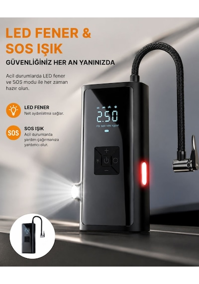Led Fenerli Ve Sos Işıklı Çok Fonksiyonlu Hava Kompresörü Yeni Nesil