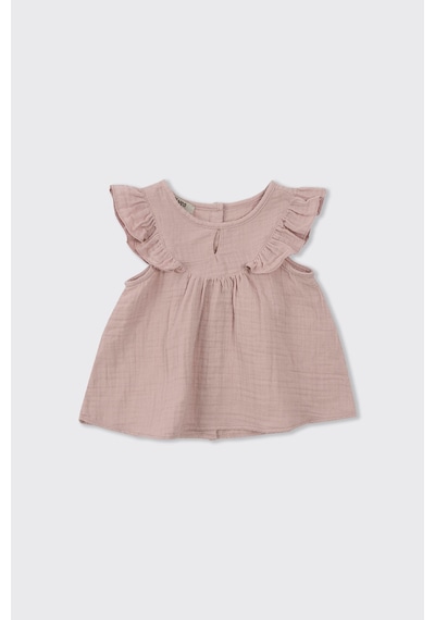 Panço Kız Bebek Kolları Fırfırlı Yumuşak Dokulu Müslin Pembe Bluz