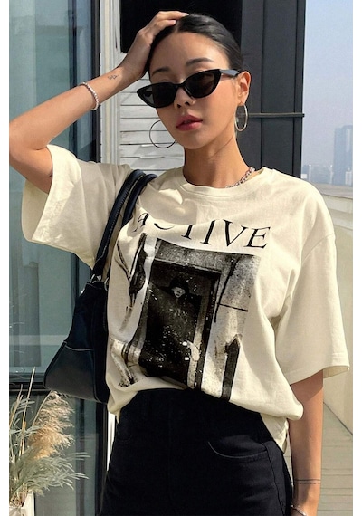 Uyguntarz Unisex Active Baskılı Oversize Tshirt Bej