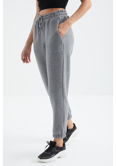 Gri Melanj Yüksek Bel Basic Bağcıklı Jogger Polar Kadın Eşofman Alt - 94622 GRİ MELANJ