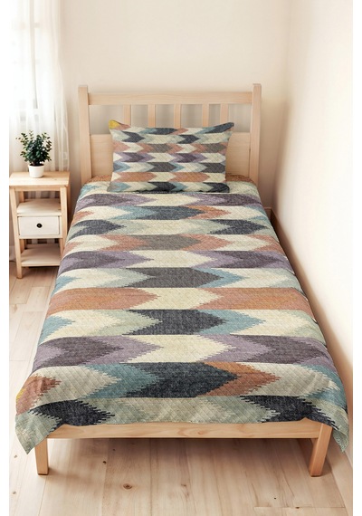 Geometrik Gri Genç Odası Tek Kişilik Pike Takımı - Modern Mavi Bej 160x220 Cm Kapitone Yatak Örtüsü Mahmur Vadi Sarmalı