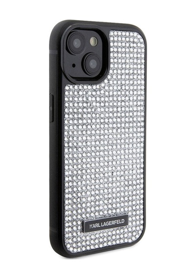 Apple Uyumlu iPhone 15 Plus  Kılıf Karl Lagerfeld Taşlı Metal Logo Lisanslı Kapak Gümüş