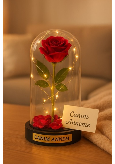 Annelere Özel Dekoratif Hediye Mika Fanus İçinde Canım Annem Yazılı Led Işıklı Yapay Kırmız Gül 20cm Renkli