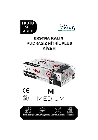 Ekstra Kalın Nitril Siyah Plus Muayene Eldiveni M - 1 Paket 50'li