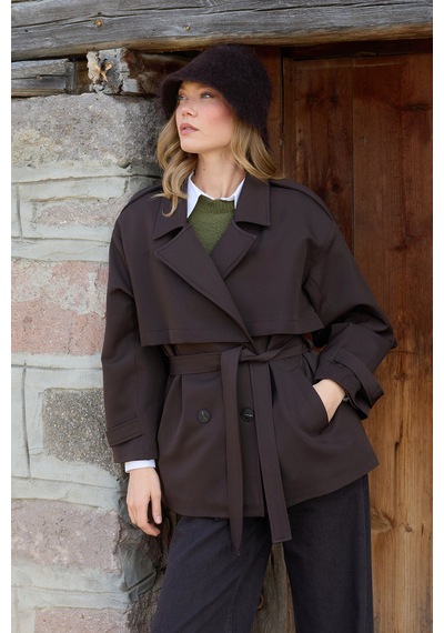 Fullamoda Beli Kemerli Kruvaze Yaka Oversize Trençkot Kahve