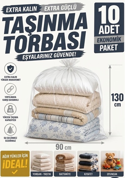 90x130 Kalın Taşıma Torbası Şeffaf Taşınma Torbası 10 Adet