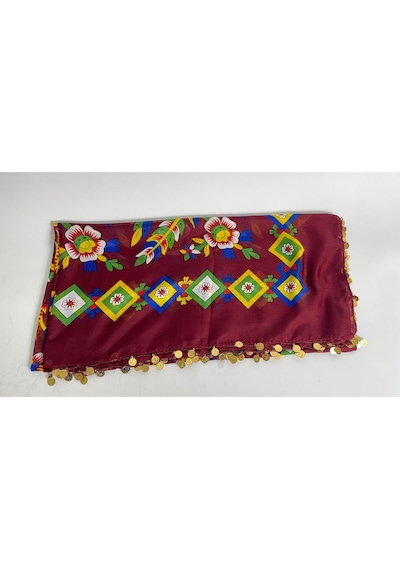 Çengelköy Desenli Pullu Yazma 100x100 Cm Etnik Çiçekli Başörtüsü Çeyizlik Ve Günlük Bordo