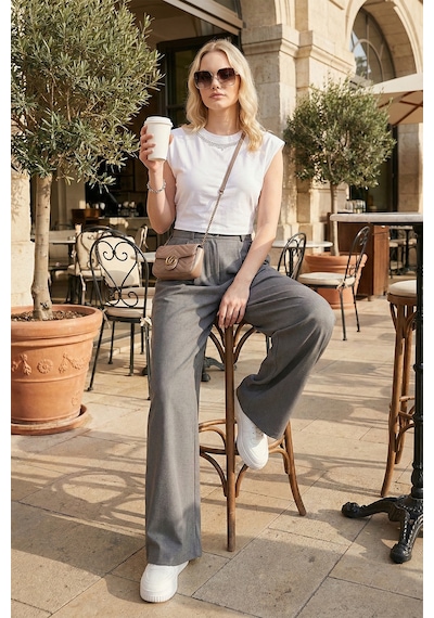 Lela Wide Leg Yüksek Bel Geniş Paça Palazzo Bayan Pantolon 5866290 Gri