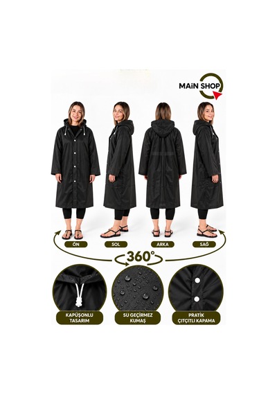 Mainshop Unisex Yağmurluk Kapüşonlu Çıtçıtlı Su Geçirmez Uzun Yağmurluk Kadın Erkek Siyah