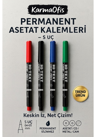Permanent Asetat Kalemi 4 Renk S Uç Cam, Cd, Metal, Plastik Yazı Kalemi Çok Renkli