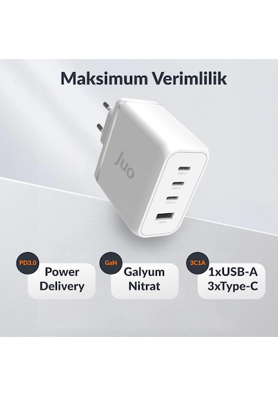 Juo 100W 4 Portlu USB-C + USB-A GaN Şarj Aleti iPhone & Apple Uyumlu MacBook & Notebook PD Type-C Hızlı Şarj Cihazı Beyaz