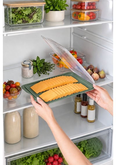 Gıda Saklama Kabı &şeffaf Kapaklı Sığ Şarküteri Saklama Kabı, Buzdolabı Kahvaltılık Peynir Salam Kabı, 35 X 250 X 170 Mm Bpa Free Yeşil - 934476259 Yeşil