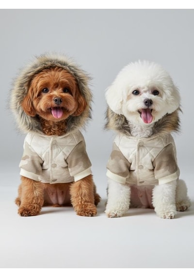 Creamy Camo Kamuflaj Desenli Krem Rengi Köpek Montu Kışlık Ceket