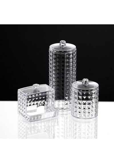 3 Lü Makyaj Organizer Pamukluk Kristal Diomand Set Plastik Beyaz Diğer