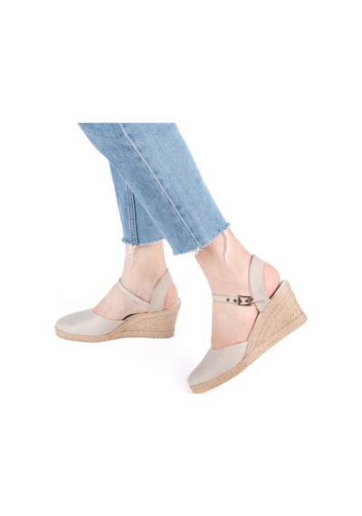 Gerçek Elişi Topuğu Açık Bilekten Bantlı Dolgu Topuk Bej Keten Hasır Espadril Handmade Bej
