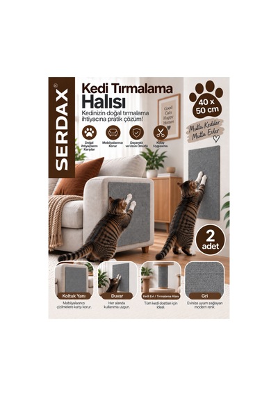 Kedi Tırmalama Halısı Kendinden Yapışkanlı Koltuk Duvar Mobilya Koruma Matı 20 X 50 Cm- Gri Gri