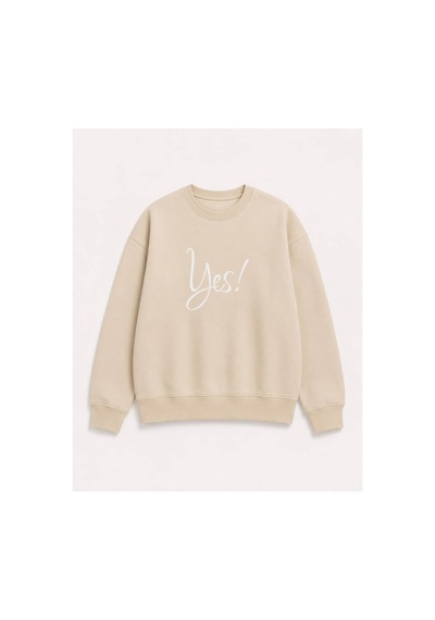 Herkesemoda Yes Yazılı Baskı Detaylı Şardonlu 2 İplik Bisiklet Yaka Sweatshirt Bej