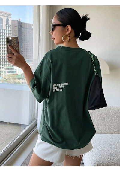 Cheerish Effect T-shirt - Yeşil Oversize Baskılı Bisiklet Yaka Yeşil