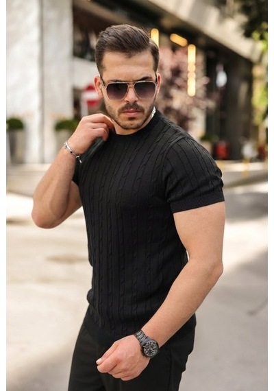Veraura Lifestyle Erkek Örgü Desen Bisiklet Yaka Triko Tişört - %100 Pamuk Akrilik Siyah
