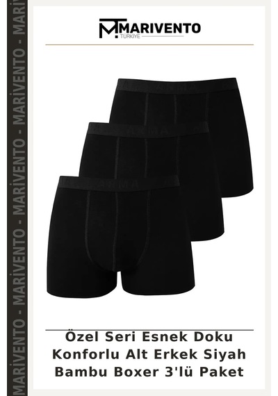 Marivento Özel Seri Esnek Doku Konforlu Alt Erkek Siyah Bambu Boxer 3'lü Paket