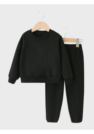 Fyk Kids 2'li Düz Yuvarlak Yaka Unisex Eşofman Takımı Siyah - Gri