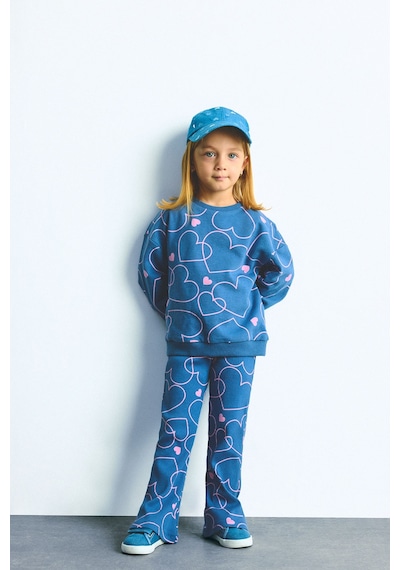 Defacto Kalp Desenli Bisiklet Yaka Sweatshirt Esnek Belli İspanyol Paça Alt 2li Takım Kız Bebek I3663a526wnbe341 Mavi-be341