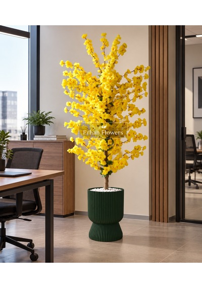 Sarı Bahar Dalı Ağacı 160 Cm Lotus Yeşil Saksıda Çok Renkli