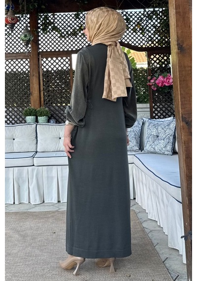 Rabia Şamlı Aslı Cupra Detaylı Triko Elbise Haki Normal