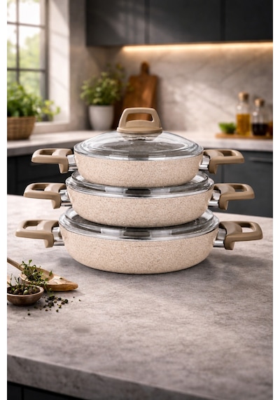 Stone 6 Parça Granit Ezme Cam Kapaklı Sahan Omlet Seti Gri 18/20/22 Cm Yapışmaz