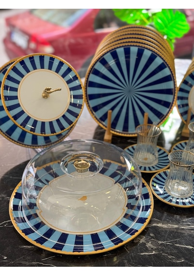 34 Parça Iwon Blue Yaldızlı 6 Kişilik Pasta Çay Servis İkram Takımı-4908 Lacivert