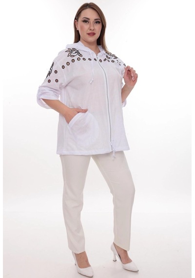 Lady Majestic Büyük Beden %100 Cotton Kapüşonlu Hırka Rahat Ve Şık Tasarım - 44462 Beyaz