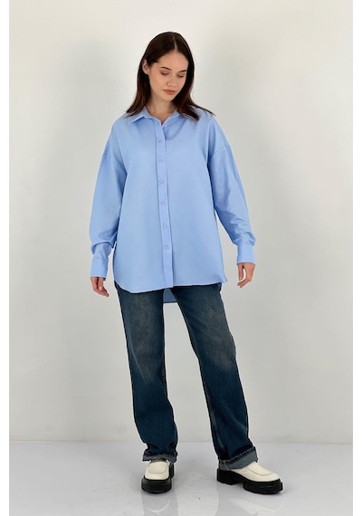 Miss Poem Kadın Polo Yaka Basic Oversize Uzun Kollu Pembe Gömlek Mavi