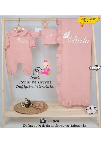 Gros Shop Yakalı Müslin Kumaş Hastane Çıkış Mevlüt Seti %100 Pamuk Organik Pembe