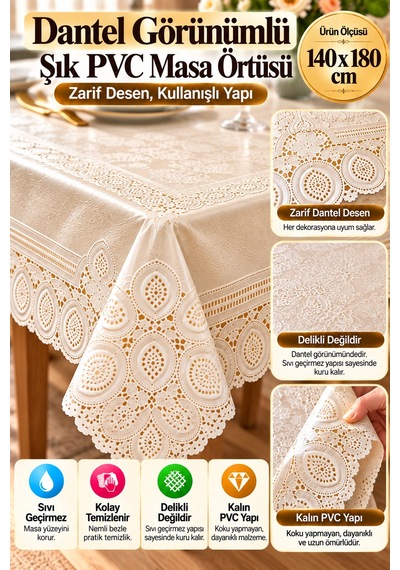 Krem 140x180 Cm Dantel Görünümlü Pvc Masa Örtüsü Sıvı Geçirmez Silinebilir Mutfak Masa Örtüsü Lüks