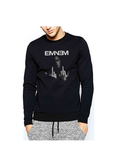 Eminem Middle Finger Baskılı Siyah Erkek Örme Sweatshirt