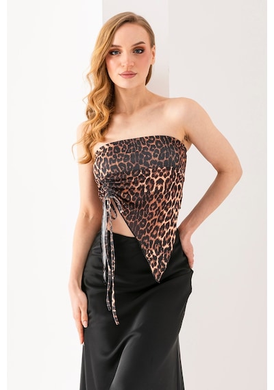 Giysa Kadın Büzgülü Asimetrik Kesim Straplez Bluz Leopar - 2453 LEOPAR