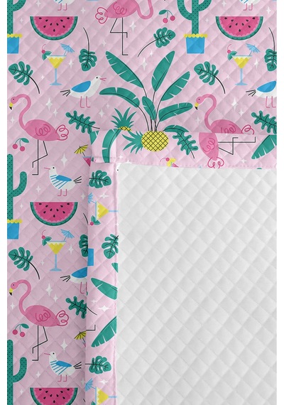 Evimde Bambaşka Flamingo Tropikal Pembe Kız Çocuk Pike Takımı-kaktüs Ananas Mint Bebek Odası Yatak Örtüsü 160x220  CM