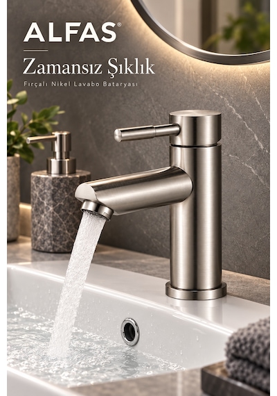 Alfas Lavabo Bataryası İnox Fırçalı Nikel 304 Paslanmaz Çelik Aç Kapa Banyo Bataryası 17x9cm Inox