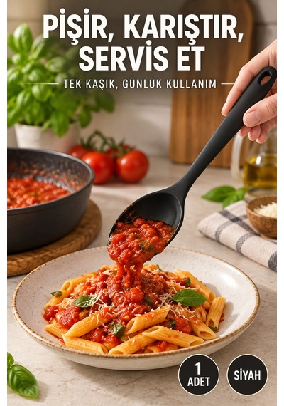Tekli Siyah Büyük Boy Silikon Kaşık 27 Cm Mutfak Yemek Pişirme Ve Servis Kaşığı Renkli Mutfak Gereci