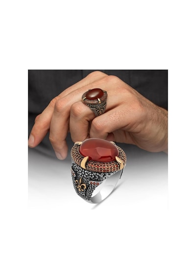 Oval Akik Taşlı 925 Gümüş Erkek Yüzük Gümüş